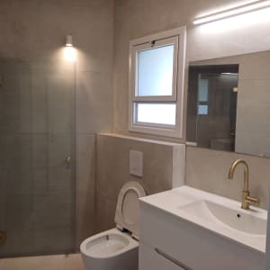 חדר אמבטיה משופץ עם כיור, ברז מוזהב ומקלחון