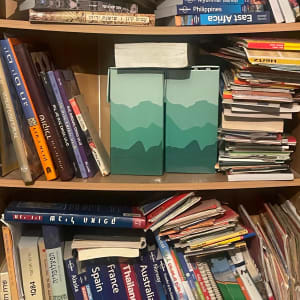 מדף ספרים עם ספרי טיולים ומדריכים שונים