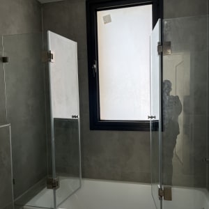 מקלחת עם דלתות זכוכית וחלון