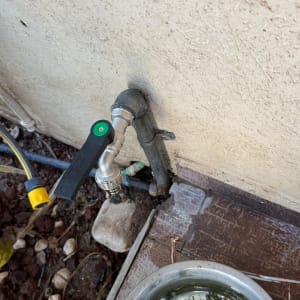 ברז מים מחובר לקיר עם צינור גינה
