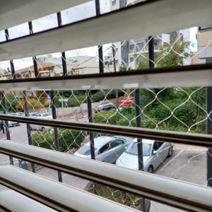 רשת נגד יונים מותקנת על חלון עם תריסים