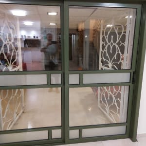 דלת זכוכית נקייה עם מסגרת ירוקה