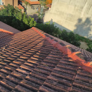 גג רעפים אדום עם קווים שחורים