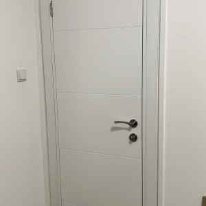 דלת לבנה עם ידית מתכת כסופה