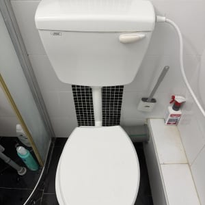 אסלה לבנה בחדר אמבטיה עם אריחים שחורים