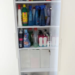 ארון עם חומרי ניקוי ומוצרי ניקיון מאורגנים על מדפים