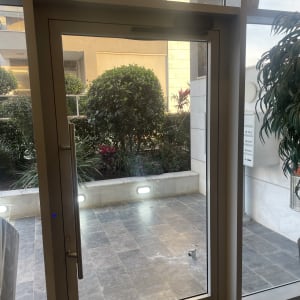 דלת זכוכית עם ידית מתכת, נוף חיצוני