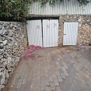 שער עץ לבן עם פרחים סגולים על הקרקע