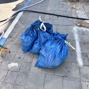 שקיות אשפה כחולות על מדרכה ליד רכב