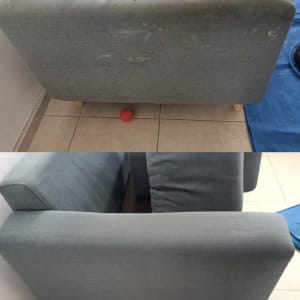 ספה כחולה עם כתמים לפני ואחרי ניקוי