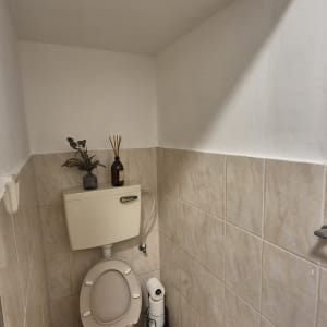 חדר שירותים עם קירות צבועים בלבן