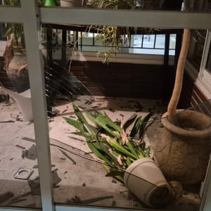 שברי זכוכית ועציץ שבור על הרצפה