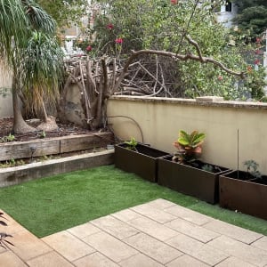 עציצים עם צמחים, דשא סינתטי, עצים ושיחים בגינה