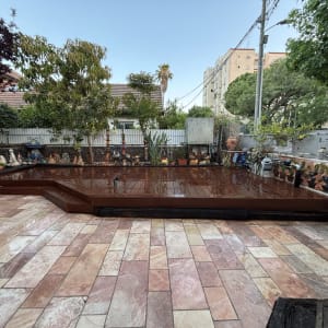 דק עץ בגינה עם עצים וצמחים מסביב