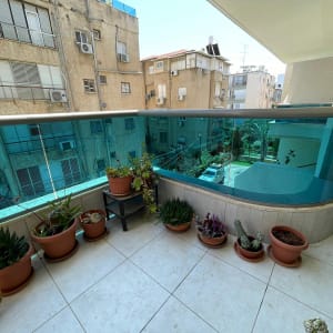 מרפסת עם עציצים על רצפה נקייה