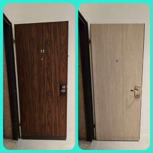 שתי דלתות עם ציפוי שונה, לפני ואחרי ציפוי.