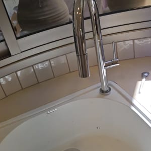 ברז נירוסטה מעל כיור במטבח עם רקע של עציצים