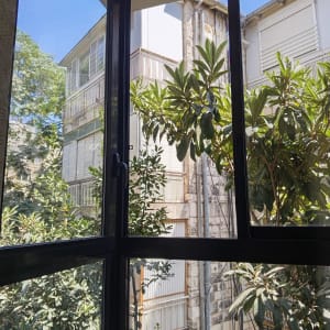 חלון אלומיניום עם נוף חיצוני של בניין ועצים