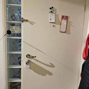 דלת לבנה עם ידית מתכת ובריח עליון