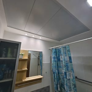 חדר אמבטיה עם תקרה מונמכת, וילון מקלחת וכיור