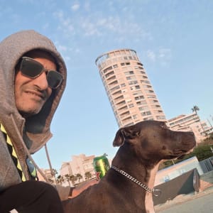 אדם עם כלב על חוף הים ליד בניין גבוה