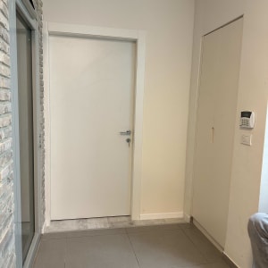 דלת לבנה עם ידית מתכת בחדר פנימי