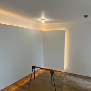 חדר עם רצפת עץ, קרש עץ ומעמד מתכת