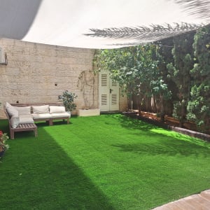 גינה עם דשא סינתטי וצמחים מסביב