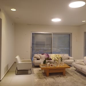 סלון עם קירות לבנים ותאורה עליונה