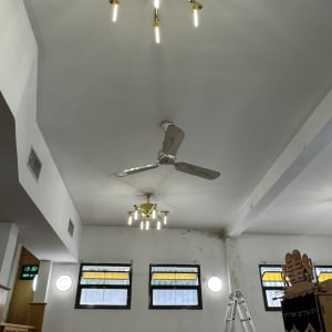 תקרה צבועה עם מנורות וסולם