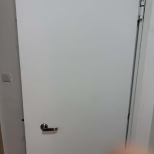 דלת לבנה עם ידית מתכת כסופה