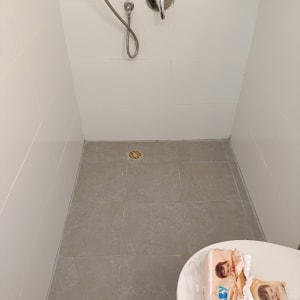 מקלחת עם ראש מקלחת וצינור, אריזות מגבונים על שולחן