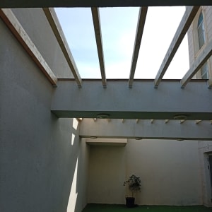קורות עץ על תקרה בחצר עם דשא ועציץ