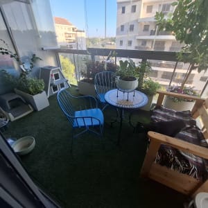 מרפסת עם צמחים וריהוט גן