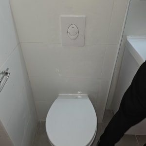 אסלה לבנה עם לחצן הדחה על קיר אריחים לבנים