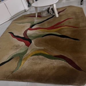 שטיח צבעוני על רצפה עם שולחן קטן וכלב מתחת לשולחן