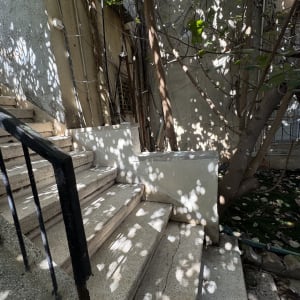 מדרגות בטון עם מעקה מתכת וסדק בתחתית