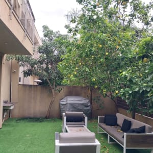 חצר עם עצי פרי וריהוט גן