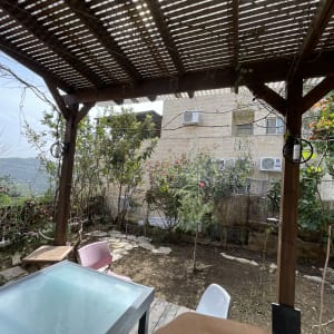 גינה עם צמחים, עצים ופרחים תחת פרגולה