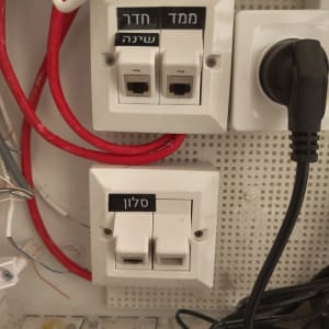 שקעי רשת וחשמל עם כבלים אדומים ושחורים