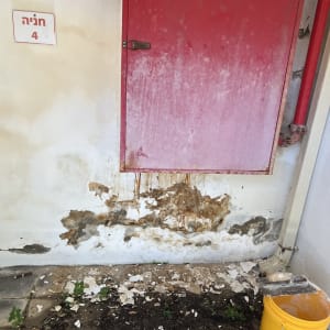 קיר עם נזקי רטיבות ודלת אדומה, דלי צהוב על הרצפה