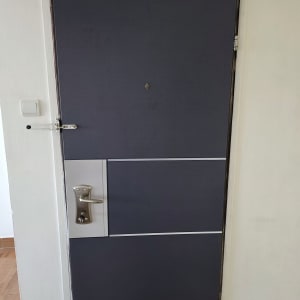 דלת כהה עם ידית מתכת על קיר לבן