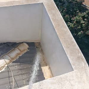 ניקוי גג עם צינור מים על גג בניין