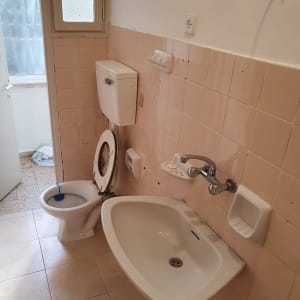 אסלה עם מברשת ניקוי, כיור וברז