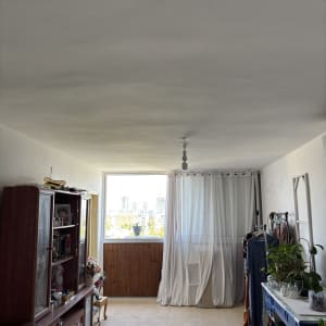 חדר עם רהיטים, וילון לבן וצמחים על שולחן