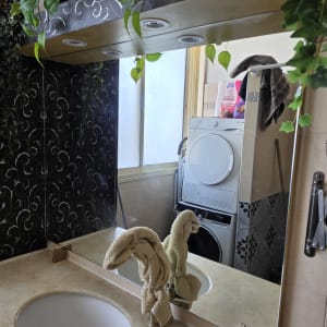 מראה עם כיור ומכונת כביסה ברקע