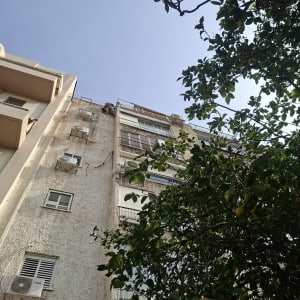 אדם עובד על בניין גבוה, עצים ברקע