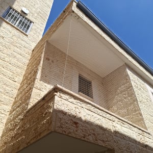 בניין עם רשת למניעת יונים ודוקרנים על הגג