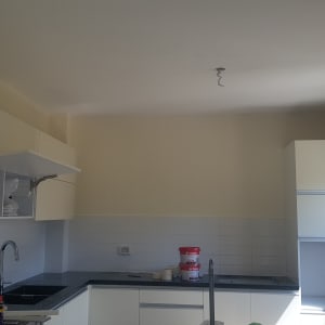 מטבח עם קירות צבועים ודלי צבע על השיש