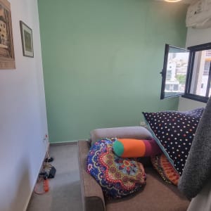חדר עם קיר צבוע בירוק וכריות צבעוניות על ספה
